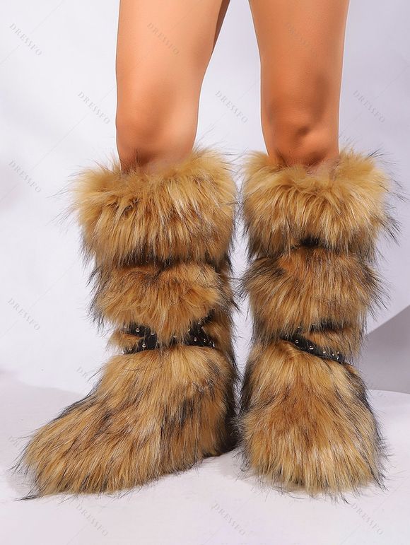 Artificial Fur Crossover Buckle Strap Knee-length Snow Boots - Brun EU 37