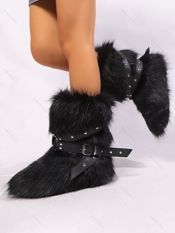 Rivet Buckle Strap Artificial Fur Warm Snow Boots - Noir EU 37