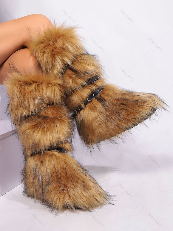 Artificial Fur Crossover Buckle Strap Knee-length Snow Boots - Brun EU 37