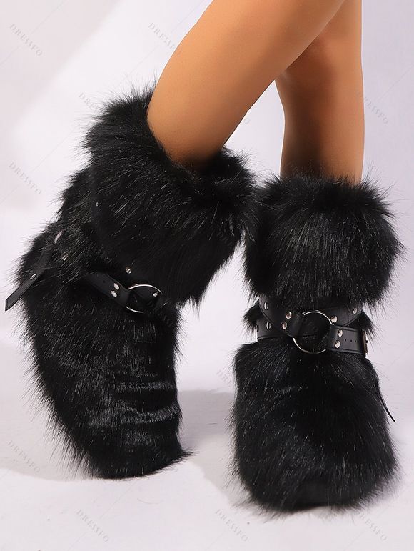 Rivet Buckle Strap Artificial Fur Warm Snow Boots - Noir EU 37