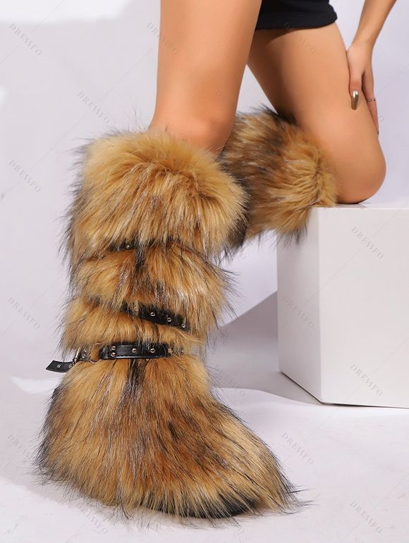 Artificial Fur Crossover Buckle Strap Knee-length Snow Boots - Brun EU 37