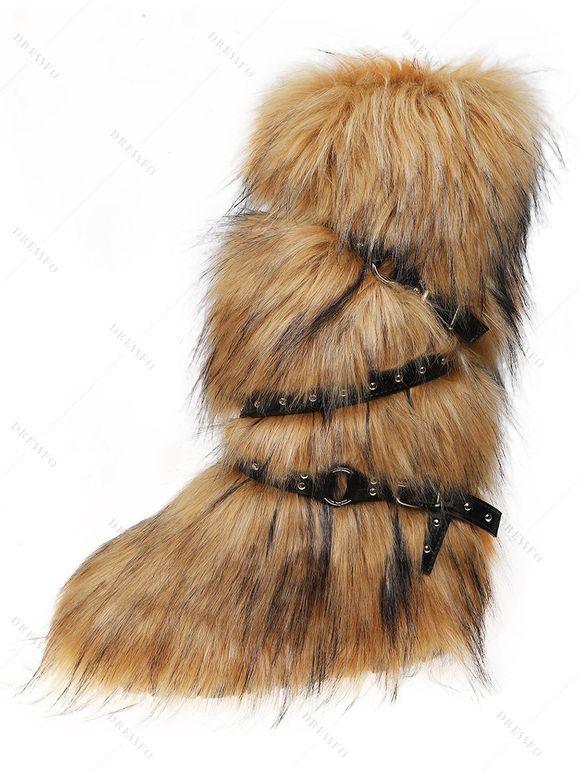 Artificial Fur Crossover Buckle Strap Knee-length Snow Boots - Brun EU 37