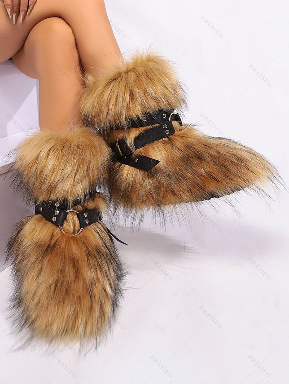 Rivet Buckle Strap Artificial Fur Warm Snow Boots - Brun EU 37