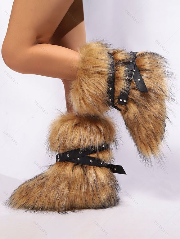 Rivet Buckle Strap Artificial Fur Warm Snow Boots - Brun EU 43