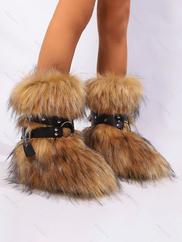 Rivet Buckle Strap Artificial Fur Warm Snow Boots - Brun EU 37