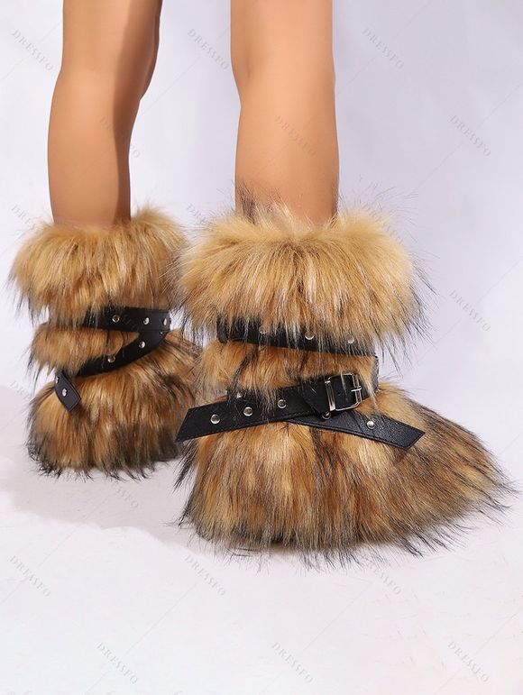Rivet Buckle Strap Artificial Fur Warm Snow Boots - Brun EU 37