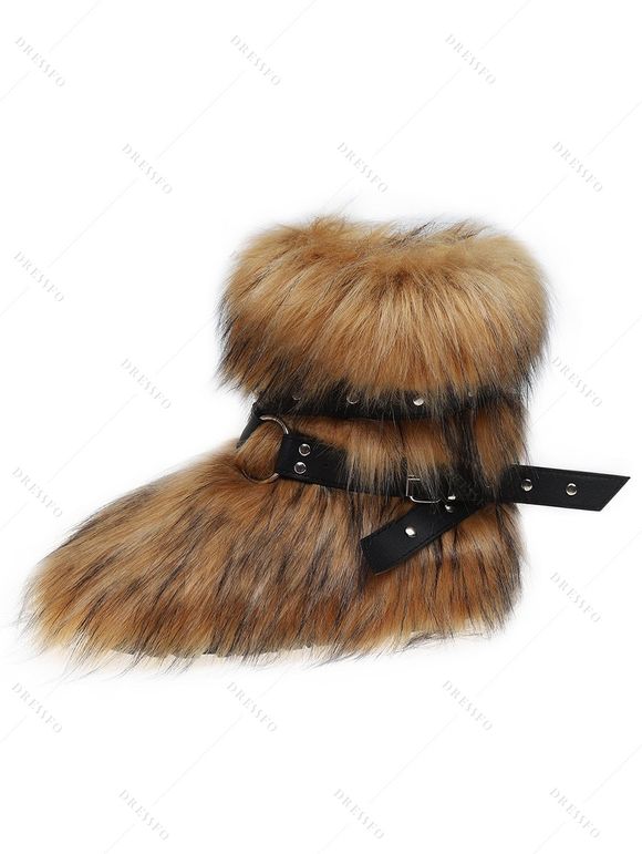 Rivet Buckle Strap Artificial Fur Warm Snow Boots - Brun EU 37