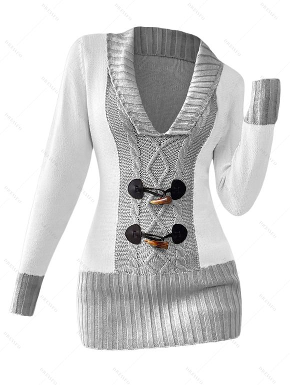 Pull décontracté à col plongeant et boutons en corne de couleur contrastée - Gris Clair XXL