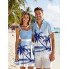 Hawaii Vacation Beach Palm Tree Print Belted Mini Dress And Short Sleeve Shirt Matching Outfit - Bleu clair S | US 4