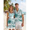 Hawaii Vacation Beach Palm Tree Print Belted Mini Dress And Short Sleeve Shirt Matching Outfit - Vert clair S | US 4