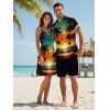 Beach Couple Outfit Sunset Coconut Tree Print Mini Dress and Shirt Vacation Set - Orange S | US 4