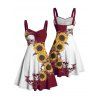 Robe gothique à col en cœur et mini robe trapèze à motif de tournesols et de crânes, couleur contrastée, buste froncé - Rouge foncé L | US 8-10
