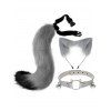 Ensemble de cosplay 3 pièces avec queue en fourrure artificielle et serre-tête oreilles de chat avec clochette - Gris 