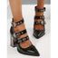 Grommet Buckle Strap Chunky Heel Pointed Toe Zip Punk Sandals - Noir EU 42