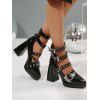 Vintage Sandals Grommet Buckle Strap Heart Wings Details Chunky Heel Punk Sandals - Noir EU 42