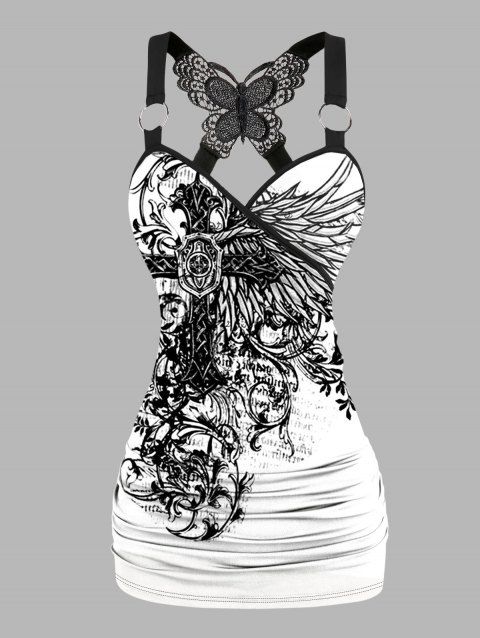 Débardeur gothique d'Halloween à imprimé papillon croisé et dentelle froncée