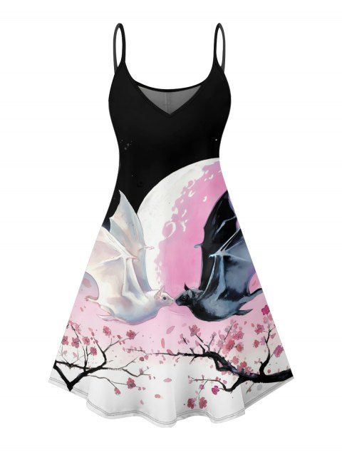 Robe d'Halloween à imprimé chauve-souris et fleurs colorblock, mini-robe à bretelles spaghetti