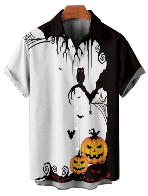 Chemise d'Halloween pour homme, boutonnée, imprimée toile d'araignée et citrouille