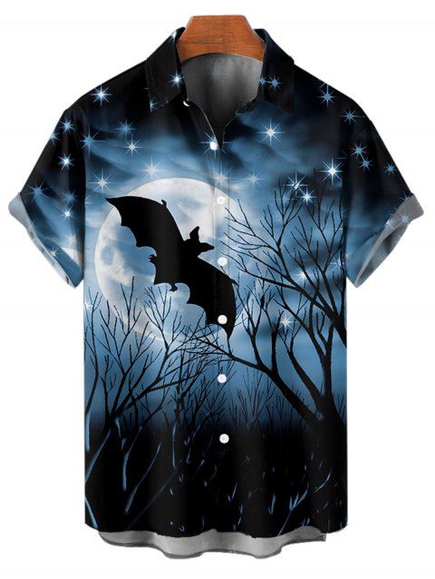 Chemise d'Halloween pour homme, boutonnée, imprimé chauve-souris, ciel et étoiles