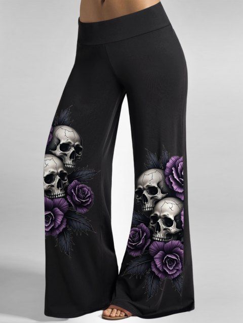 Pantalon gothique d'Halloween à imprimé tête de mort, rose et feuilles, jambes larges et longues