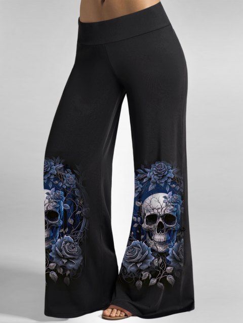 Pantalon gothique d'Halloween à imprimé feuilles et crâne rose, pantalon long à jambes larges
