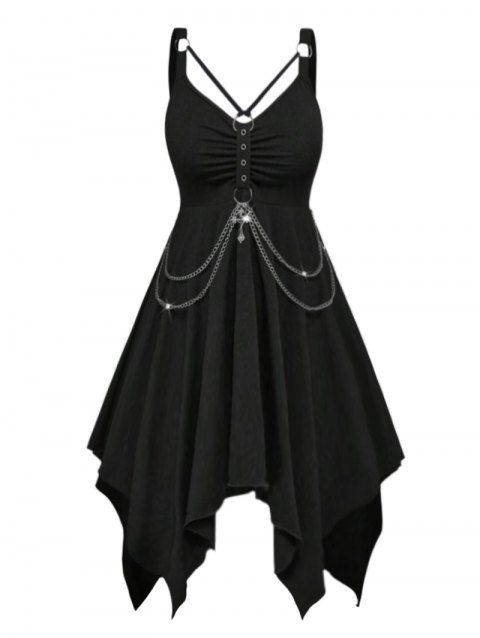 Robe gothique mi-longue à volants et œillets froncés de couleur unie avec chaîne et mouchoir