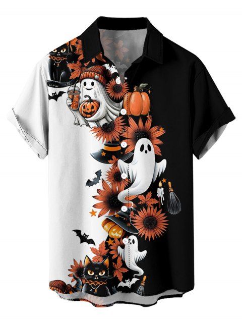Chemise d'Halloween pour homme, couleur contrastée, imprimé floral, fantôme, citrouille, chat