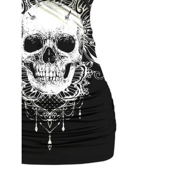 Gothic Halloween Tank Top Skull Printed Butterfly Lace Ruched Long Top