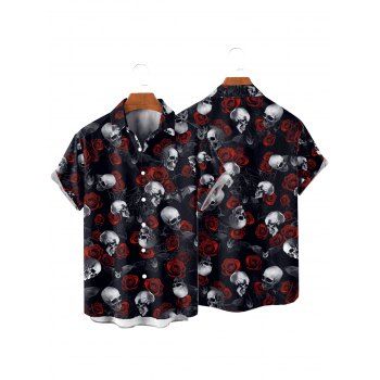 Men's Gothic Shirt Rose Skulls Spider Web Print Button Up Halloween Shirt