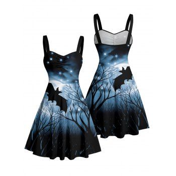 Halloween Dress Bat Star Sky Print Ruched Bust Mini Dress