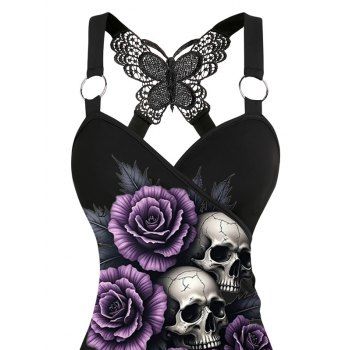 Gothic Halloween Tank Top Skull Rose Leaf Print Butterfly Lace Ruched Top