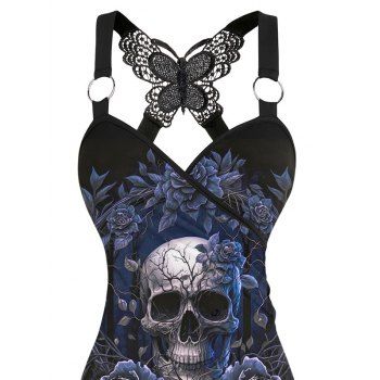 Halloween Gothic Tank Top Rose Skull Leaf Print Butterfly Lace Ruched Top