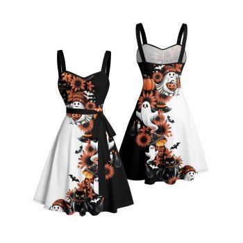 Contrast Color Halloween Dress Ghost Pumpkin Cat Floral Print Ruched Belt Dress