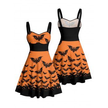 Gothic Dress for Halloween Colorblock Bat Print Ruched Bust Mini Dress