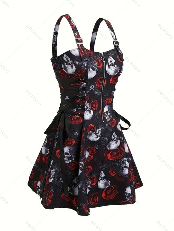 Robe gothique pour Halloween, mini-robe à lacets avec imprimé toile d'araignée et roses - Noir XXL | US 14