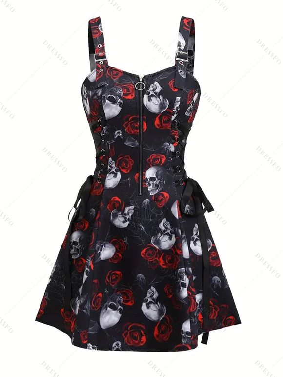 Robe gothique pour Halloween, mini-robe à lacets avec imprimé toile d'araignée et roses - Noir XXL | US 14