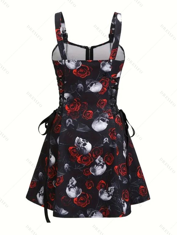 Robe gothique pour Halloween, mini-robe à lacets avec imprimé toile d'araignée et roses - Noir XXL | US 14