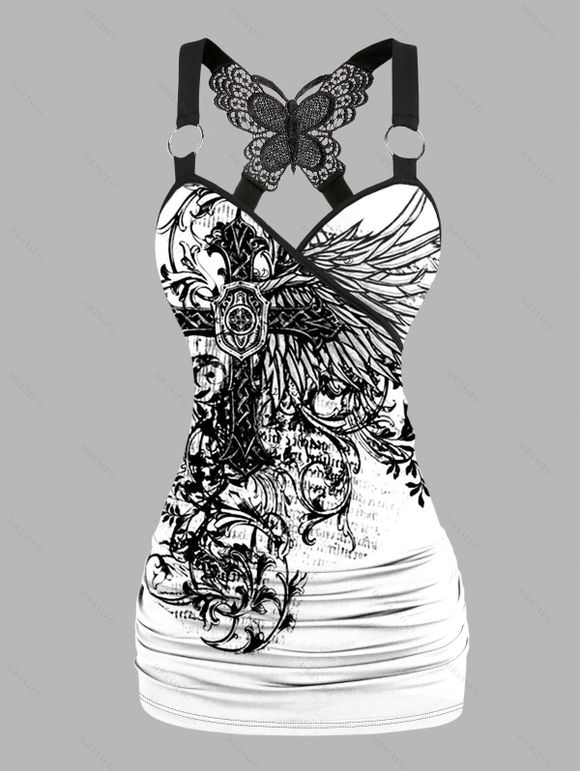 Débardeur gothique d'Halloween à imprimé papillon croisé et dentelle froncée - Blanc XXL | US 14