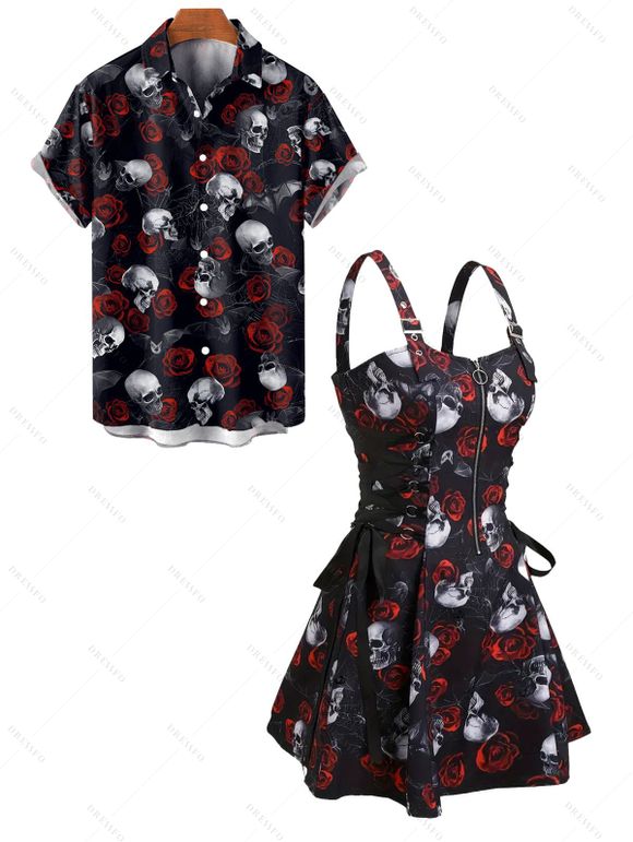 Gothic Couple Outfit Rose Skulls Spider Web Print Lace Up Dress and Shirt Set - Noir S | US 4