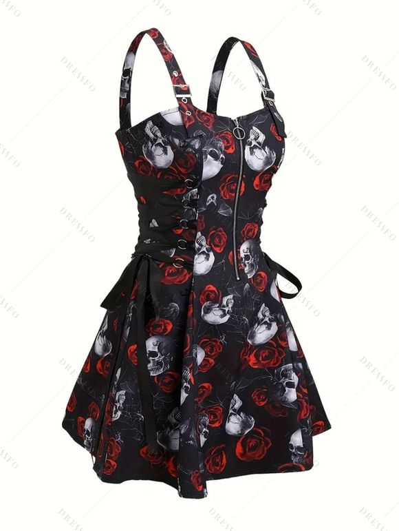 Gothic Couple Outfit Rose Skulls Spider Web Print Lace Up Dress and Shirt Set - Noir S | US 4