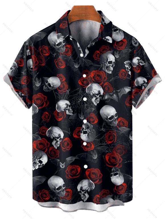 Chemise gothique boutonnée pour homme, motif tête de mort et toile d'araignée, motif Halloween - Noir 2XL