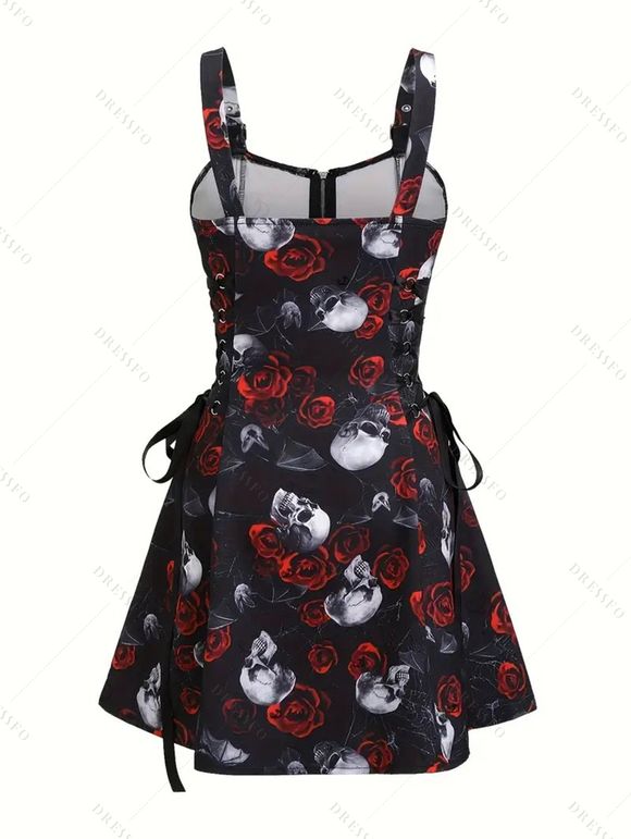 Gothic Couple Outfit Rose Skulls Spider Web Print Lace Up Dress and Shirt Set - Noir S | US 4