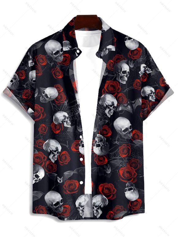 Chemise gothique boutonnée pour homme, motif tête de mort et toile d'araignée, motif Halloween - Noir 2XL