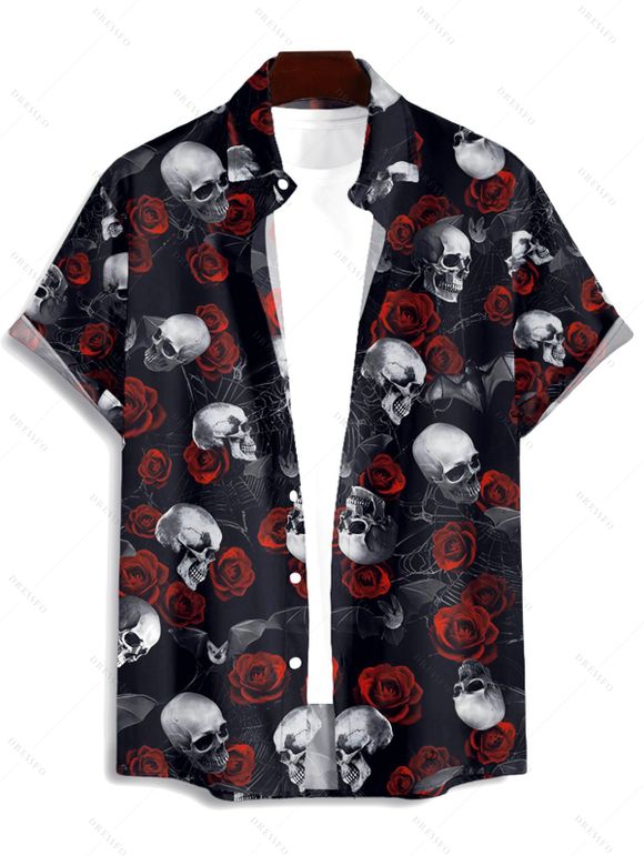 Gothic Couple Outfit Rose Skulls Spider Web Print Lace Up Dress and Shirt Set - Noir S | US 4