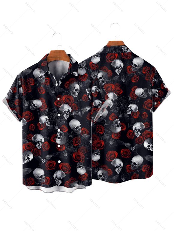 Gothic Couple Outfit Rose Skulls Spider Web Print Lace Up Dress and Shirt Set - Noir S | US 4