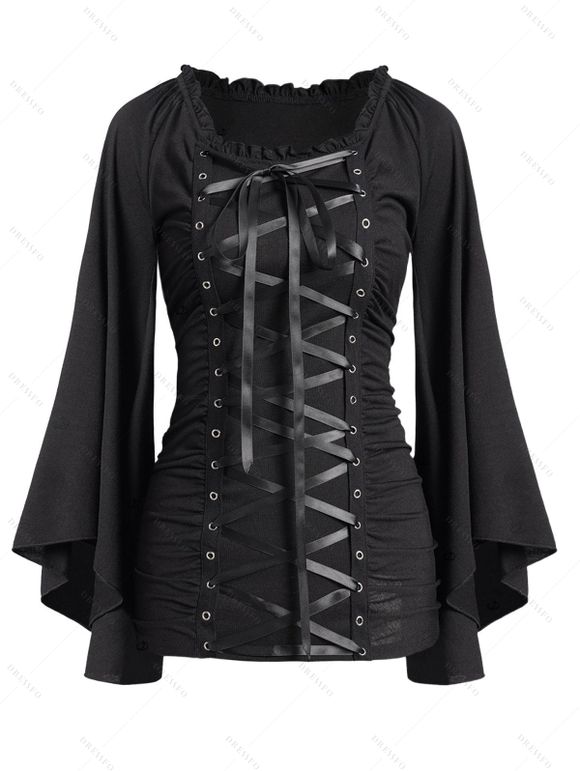 Gothic Women Outfit Lace Up Ruffle Flare Sleeve Top and Grommet Leggings Set - Noir S | US 4