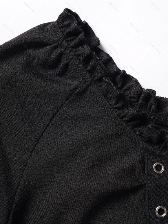 Gothic Women Outfit Lace Up Ruffle Flare Sleeve Top and Grommet Leggings Set - Noir S | US 4