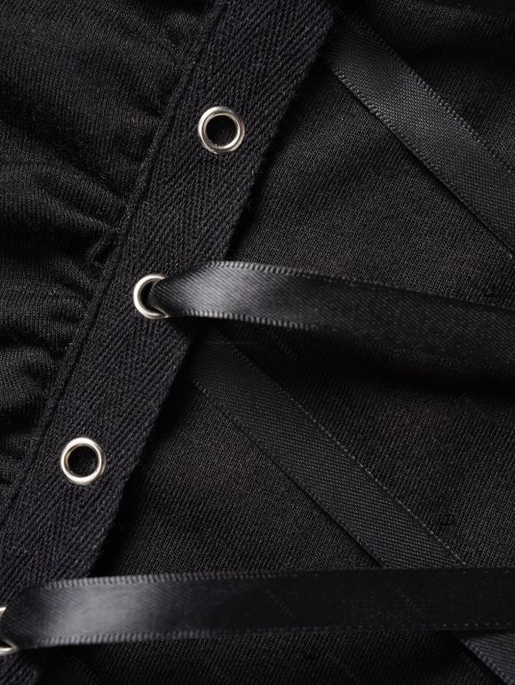 Gothic Women Outfit Lace Up Ruffle Flare Sleeve Top and Grommet Leggings Set - Noir S | US 4