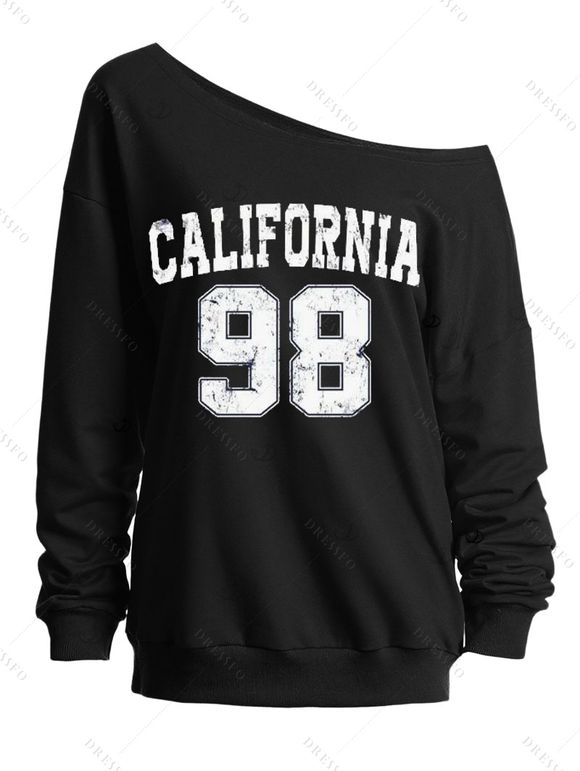 Sweat-shirt décontracté à imprimé lettres et chiffres, épaules dénudées - Noir XXL | US 14
