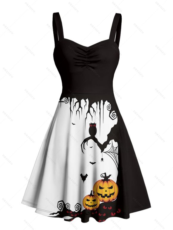 Robe d'Halloween mini-robe froncée à imprimé toile d'araignée et citrouille - Noir XXXXXL | US 20